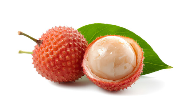 A detailed description of a fresh lychee fruit, showcasing one whole lychee with rough red skin and a short stem next to a halved lychee that reveals translucent white flesh and a glossy brown seed.