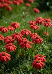 Red coneflowers with dew drops in green garden
