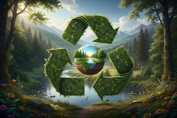 SEO Title: Green Recycling Symbol in Nature Landscape &ndash; Environmental Sustainability Concept
