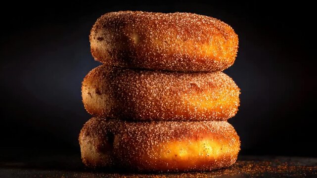 Delicious Stack of Golden Brown Cinnamon Sugar Donuts Isolated on a Dark Background.