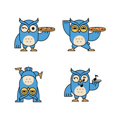 Cartoon blue owls holding pizza, trumpet, and coffee in various poses with copy space