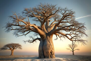Majestic Baobab Tree in African Landscape at Sunrise