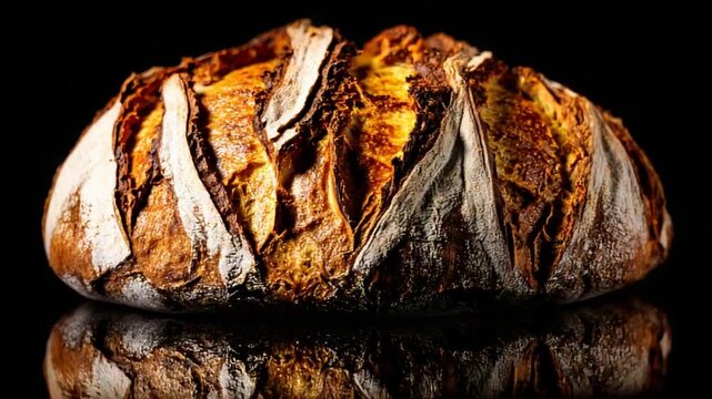 Freshly Baked Artisan Sourdough Bread Loaf with Golden Crust Reflecting on Dark Surface.