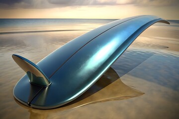 Luxury Blue Surfboard on Calm Beach at Sunset &ndash; Minimal Ocean Lifestyle Concept