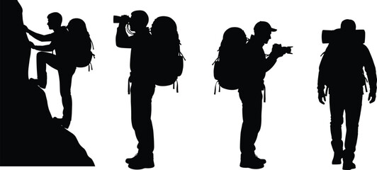 Hiker and photographer silhouettes with backpacks climbing, standing, and shooting photos, representing adventure travel, outdoor exploration, nature photography, hiking lifestyle © Siddiqa Creatives 