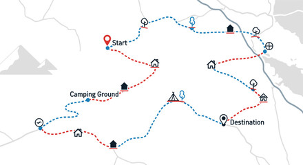 Outdoor adventure trail map template with start and destination pins. © rohati