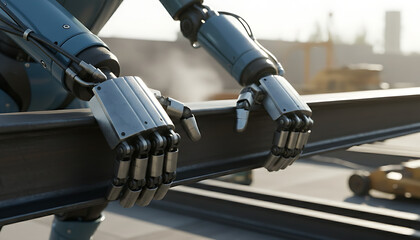 Robotic Construction Worker Hands Holding Steel Beam at Construction Site