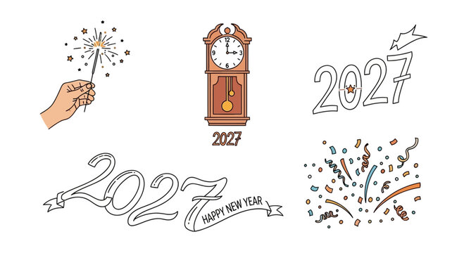 Happy New Year 2027 Celebration Elements: Sparkler, Clock, Confetti, and Text