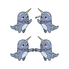 Cute cartoon narwhals greeting and holding hands with bow ties on white background © JubayedStock