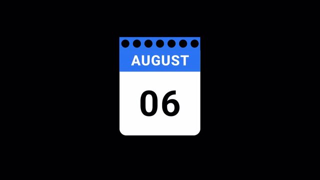 calender video animation of august month with transparent background, august month calender animation video with alpha channal in 4k.