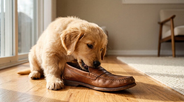 Golden Retriever puppy chewing a brown leather loafer on a sunlit hardwood floor.