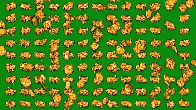  Rows of golden popcorn kernels on green screen for video editing