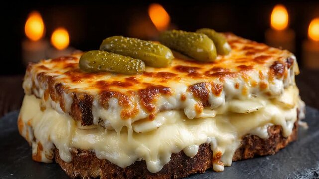 Delicious Croque Monsieur Sandwich with Melted Golden Cheese and Pickles on Dark Background.