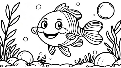 Obraz premium Cute Fish Swimming Underwater Coloring Page for Kids Line Art Illustration