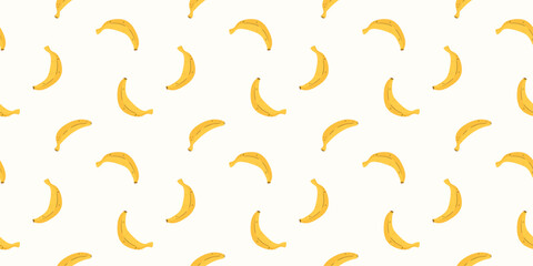 Vector seamless pattern featuring ripe yellow bananas on white background. Flat cartoon style hand-drawn illustration. Repeatable tropical fruit background for textile, wallpaper, and wrapping paper.
