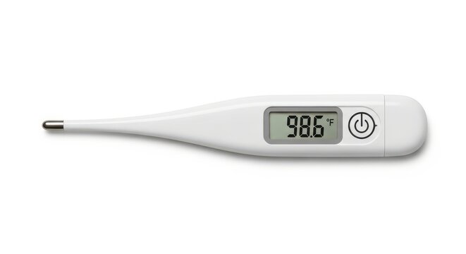 Digital thermometer with 98.6 degrees Fahrenheit reading in clean white studio lighting on white background for health and medical use