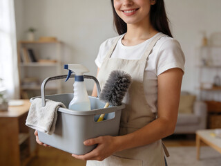 Woman with cleaning bucket and tools in a light-filled room supplies duster