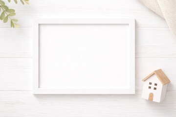 Horizontal White Frame Mockup with Wooden House Model, Top View Minimal Interior