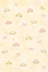 Soft Pastel Floral Seamless Pattern with Daisies and Pink Bows on Dreamy Yellow Background