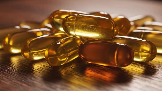 Close-up of Fish Oil Capsules in a Pile, Healthy Dietary Supplement for Wellbeing