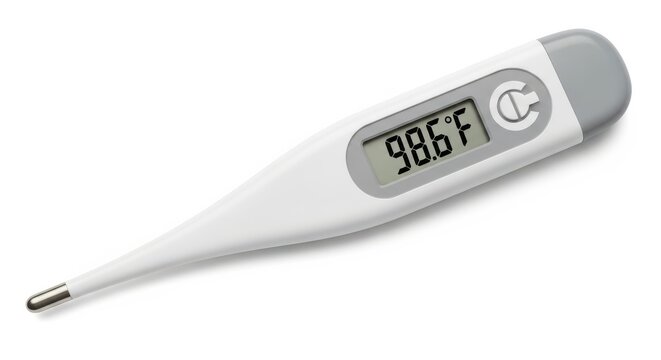 Digital thermometer with 98.6 F reading in clean white studio lighting on white background for medical illustration
