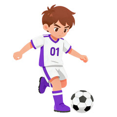 Obraz premium Young Soccer Player Boy Kicking Ball In Cartoon Style
