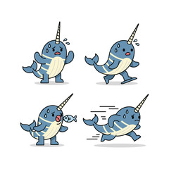 Cartoon narwhal character in various dynamic poses with expressive emotions © MonwaraStock
