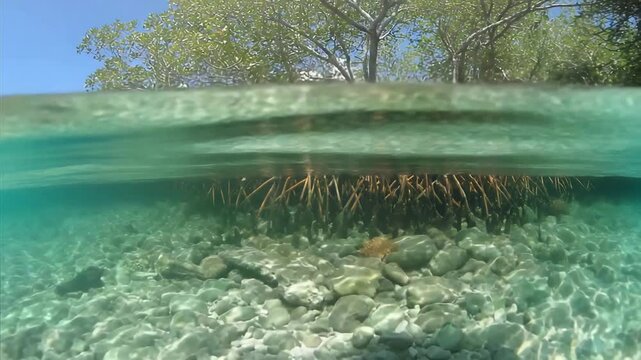 Stunning Split View of Mangrove Forest with Submerged Roots in Clear Tropical Ocean.
