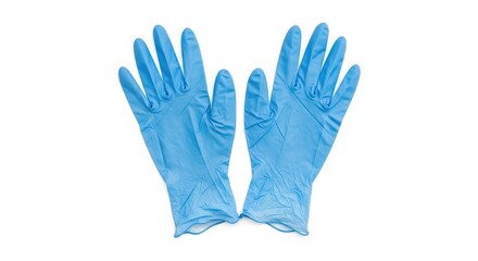 Obraz premium Blue nitrile gloves on white background in bright studio lighting for medical use