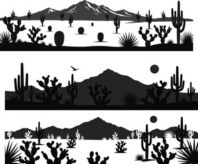 Obraz premium Desert landscape silhouette collection with saguaro cactus prickly pear and mountains for 