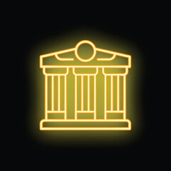 Fototapeta premium Yellow neon bank icon glowing on dark purple background, representing finance and banking concepts