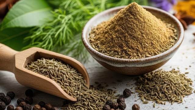 Freshly ground cumin seeds and herbs in wooden bowl with wooden spoon