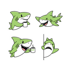 Obraz premium Cartoon shark with coffee cup in various emotions on white background