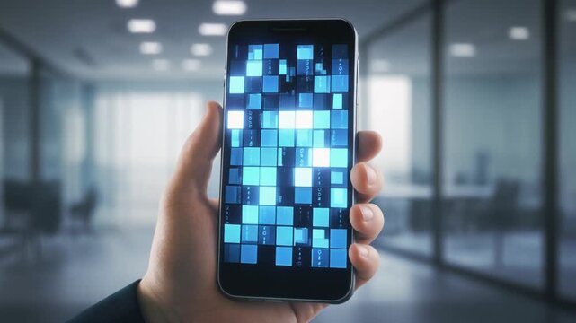 オフィスで手に持ったスマートフォンの画面に映る青く光るデジタルデータのモザイク動画