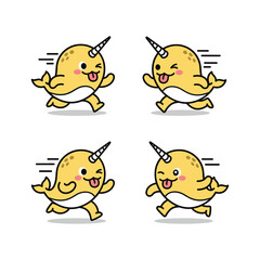 Cute cartoon narwhals running and jumping in different poses with happy expressions © MonwaraStock