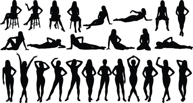 Black silhouette vector illustration of human poses in sitting, reclining, and standing positions for figure drawing, animation, and design reference