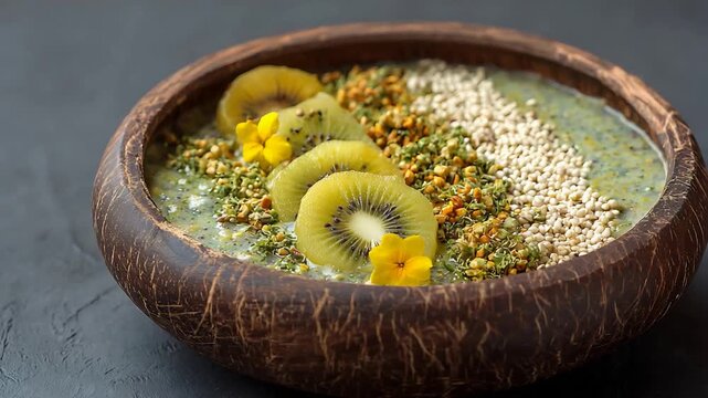 Vibrant Green Smoothie Bowl with Fresh Kiwi, Bee Pollen, and Quinoa in Coconut Shell.