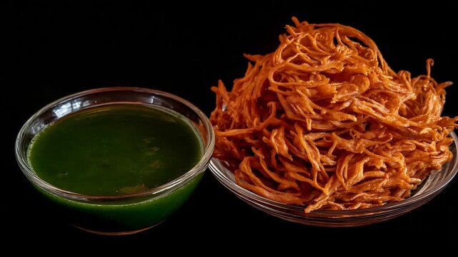 Delicious crunchy savory Indian street food appetizer with a vibrant fresh dipping sauce.