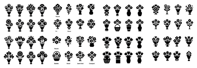 Fototapeta premium Variety of flower bouquet icons in black and white