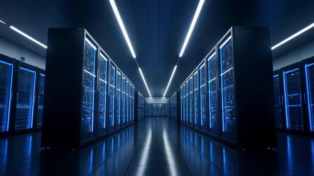 Camera glides through modern data center corridor with glowing server racks and blue status lights in motion