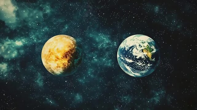 Earth and a Fiery Planet Orbit Peacefully in the Vast, Star-Filled, Deep Space Cosmos.