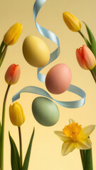 Obraz premium Colorful Easter eggs with ribbon and tulips on soft yellow background for spring celebration