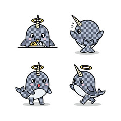 Cartoon narwhal character set with different emotions and halo on white background © MonwaraStock