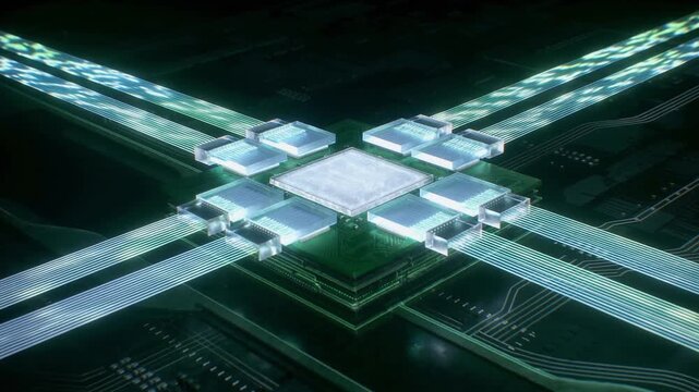 Glowing microchip routes high-speed data streams across a circuit board in a futuristic computing network hub