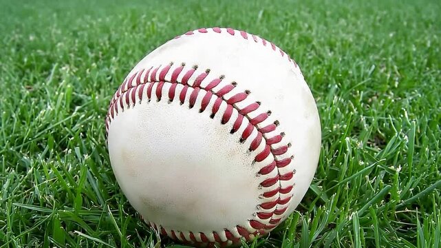 Classic white baseball with red stitches sits prominently on a vibrant green grass field.
