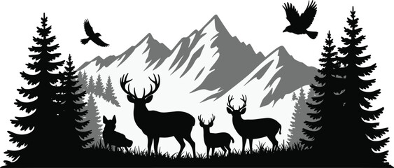 Naklejka premium Majestic mountain landscape with deer silhouettes, evergreen trees, flying birds, and natural wilderness scenery for wildlife vector illustration design.