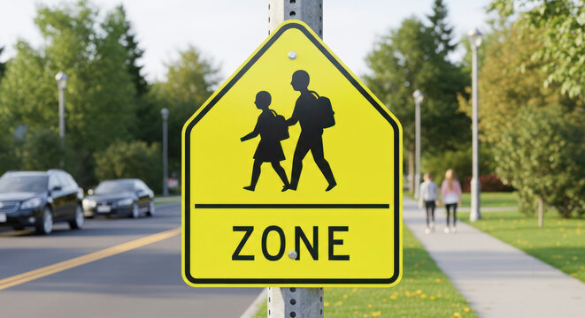 Yellow pedestrian crossing sign indicating school zone with children walking, cars passing by on a suburban road in a green park setting