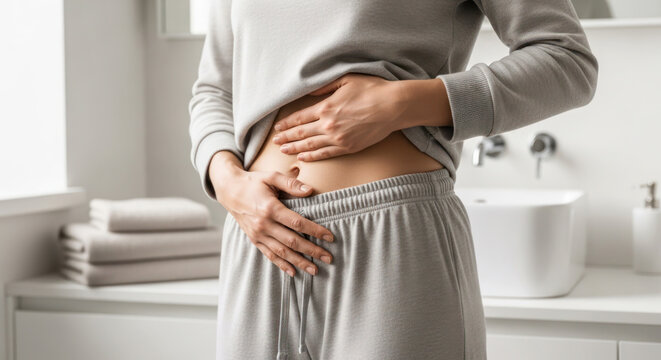Woman in gray loungewear holds her stomach while standing in a bright bathroom with towels and a sink visible in the background