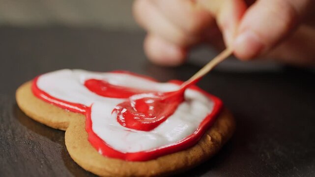 Female hand uses a toothpick to adjust red and white icing on heart shaped gingerbread cookies. Close up handmade craft baking for Valentines Day gifts love romance and relationships