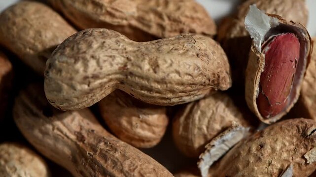 Dynamic studio shot of whole raw peanuts in their textured, beige shells spinning rapidly on a sleek dark reflective surface. Motion blur captures the energy and rotation, while sharp details highligh